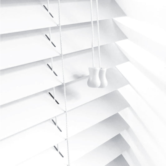 White Faux Wood String Venetian Blinds – 50mm Slats, Trimmable, Easy Fit for Home & Office