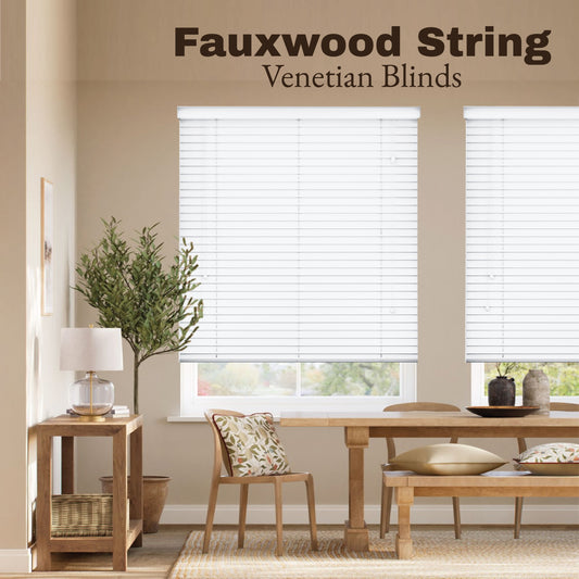 White Faux Wood String Venetian Blinds – 50mm Slats, Trimmable, Easy Fit for Home & Office