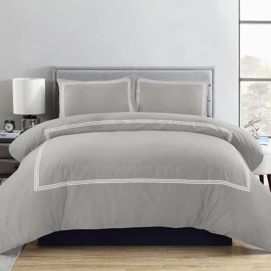 Grey & White Microfiber Beretta Duvet Cover Embroidery Border Quilt Cover Bedding Sets EV Dekor