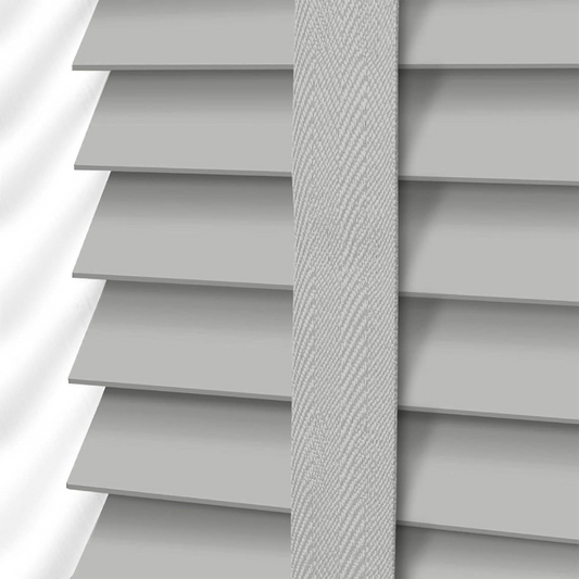 Grey Faux Wood Wooden PVC Window Venetian Blind/Blinds - Easy Fit Child Safe Trimmable Shutters - 50MM Slats with Matching Facia (Grey, Width: 45cm / Length: 150cm)