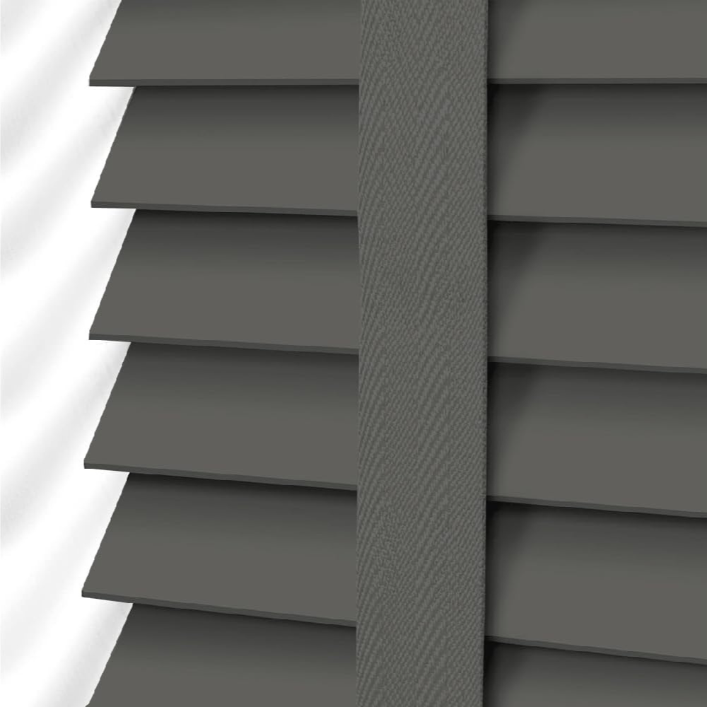 Faux Wood Blinds - Wooden Grain window Venetian Blind 50mm Horizontal Slats - White Silver/Grey Tape TRIMMABLE, Child Safe Window Shades (Dark Grey Embossed Pattern