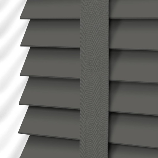 Faux Wood Blinds - Wooden Grain window Venetian Blind 50mm Horizontal Slats - White Silver/Grey Tape TRIMMABLE, Child Safe Window Shades (Dark Grey Embossed Pattern