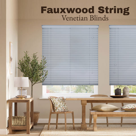 Grey Faux Wood String Venetian Blinds 50mm Slats Trimmable Easy Fit Office Home