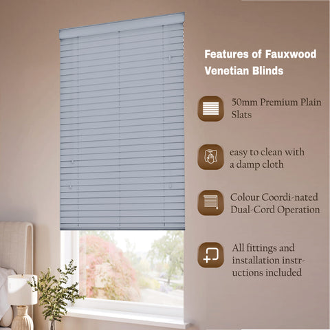 Grey Faux Wood String Venetian Blinds 50mm Slats Trimmable Easy Fit Office Home