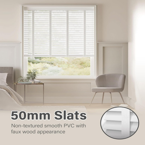 Faux Wood Window Blinds with Tape, 50mm Slats, Easy Fit Home Office Venetian Blinds (45 X 150cm) - White window blinds