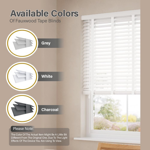 Faux Wood Window Blinds with Tape, 50mm Slats, Easy Fit Home Office Venetian Blinds (45 X 150cm) - White window blinds