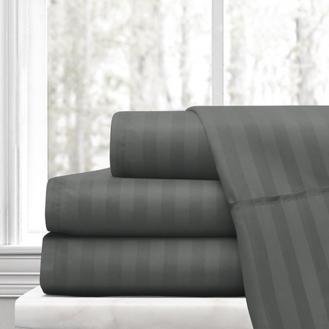 Satin Stripe Duvet Cover set- Hypoallergenic Soft Microfiber Breathable Bed Covers - Dark Grey