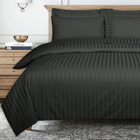 Satin Stripe Duvet Cover set- Hypoallergenic Soft Microfiber Breathable Bed Covers - Dark Grey