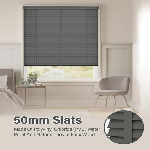 Faux Wood Blinds - Wooden Grain window Venetian Blind 50mm Horizontal Slats - White Silver/Grey Tape TRIMMABLE, Child Safe Window Shades (Dark Grey Embossed Pattern