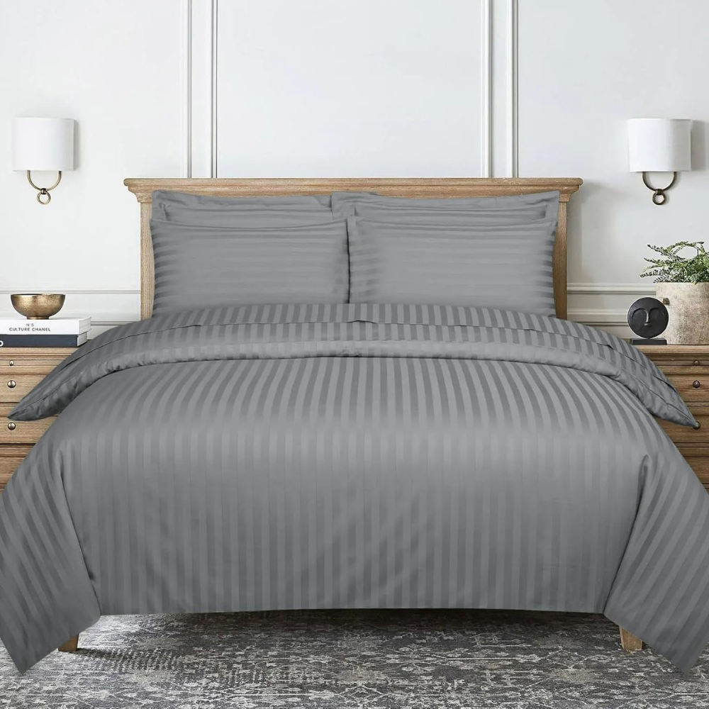 Light Grey Satin Stripe Duvet Cover Bedding set