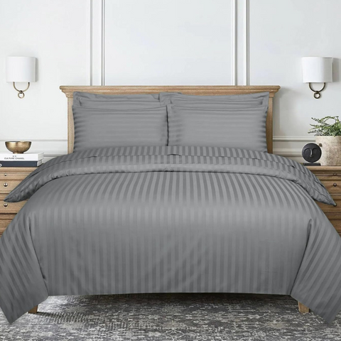 Satin Stripe Soft Microfibre Duvet Cover with Pillow Case Hotel Quality Bedding Quilt Cover Set Breathable Hypoallergenic Anti-Wrinkle-Light Grey