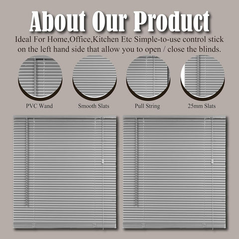 Grey PVC Venetian Blinds 25mm Slats Window Treatment Trimmable Easy Fit Child Safe Home office