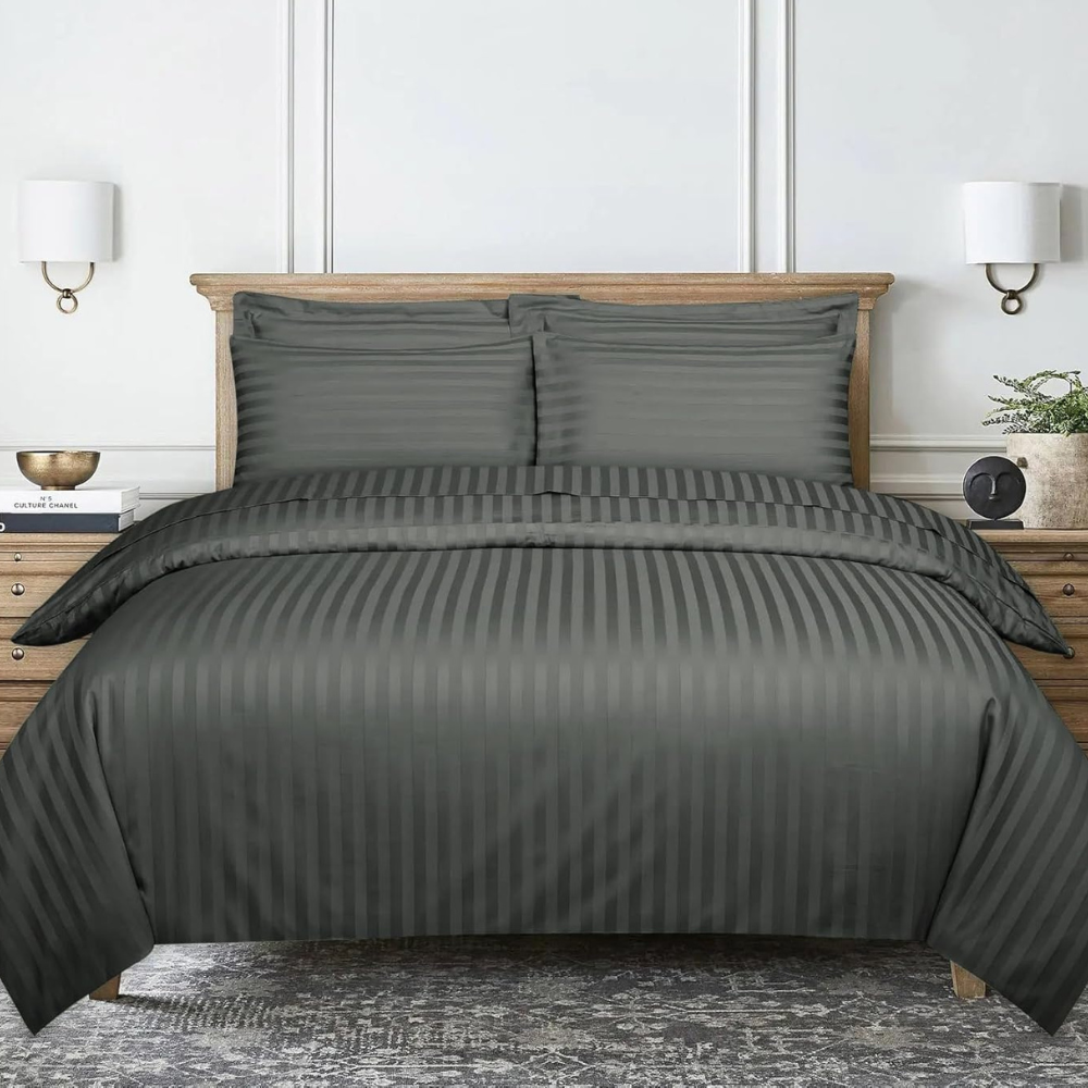 Dark Grey Satin Stripe Duvet Cover Bedding set