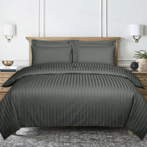 Satin Stripe Duvet Cover set- Hypoallergenic Soft Microfiber Breathable Bed Covers - Dark Grey