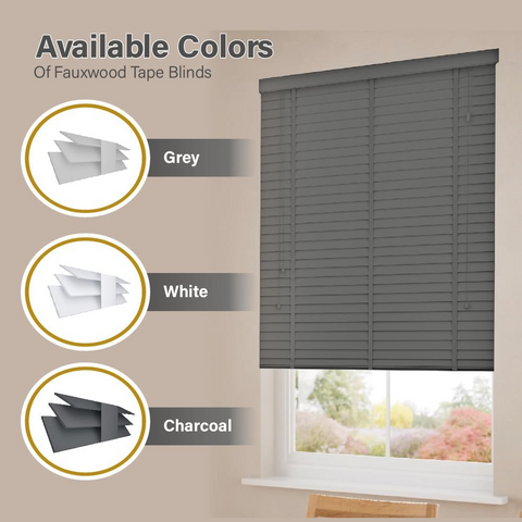 Faux Wood Blinds - Wooden Grain window Venetian Blind 50mm Horizontal Slats - White Silver/Grey Tape TRIMMABLE, Child Safe Window Shades (Dark Grey Embossed Pattern