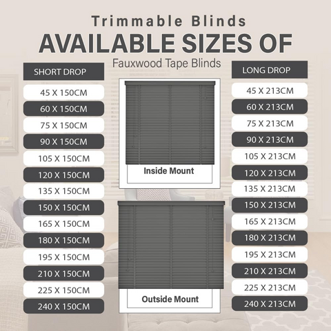 Faux Wood Blinds - Wooden Grain window Venetian Blind 50mm Horizontal Slats - White Silver/Grey Tape TRIMMABLE, Child Safe Window Shades (Dark Grey Embossed Pattern