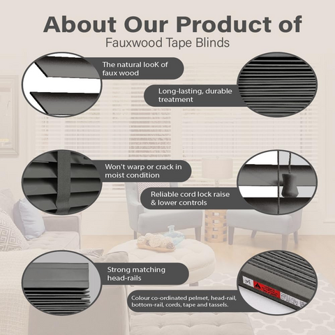 Faux Wood Blinds - Wooden Grain window Venetian Blind 50mm Horizontal Slats - White Silver/Grey Tape TRIMMABLE, Child Safe Window Shades (Dark Grey Embossed Pattern