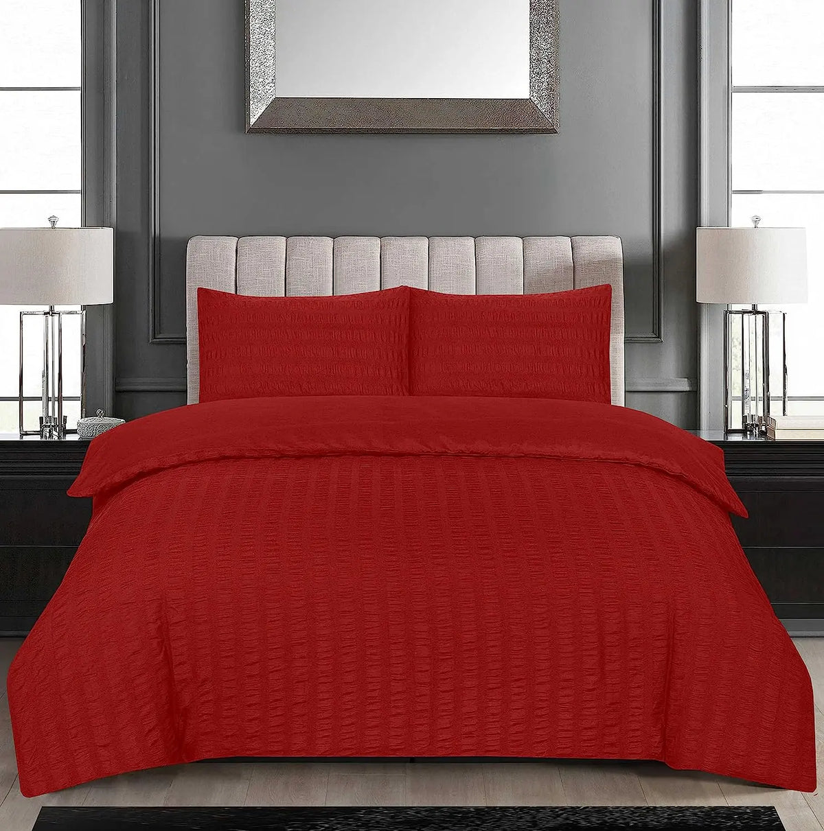 Seersucker Duvet Cover with 2 Pillow Cases-Red RoyalHomeFurnishing