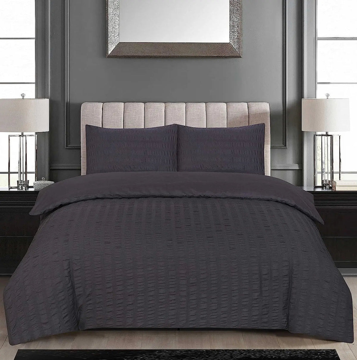 Seersucker Duvet Cover Set with Pillow Cases-Charcoal Grey RoyalHomeFurnishing