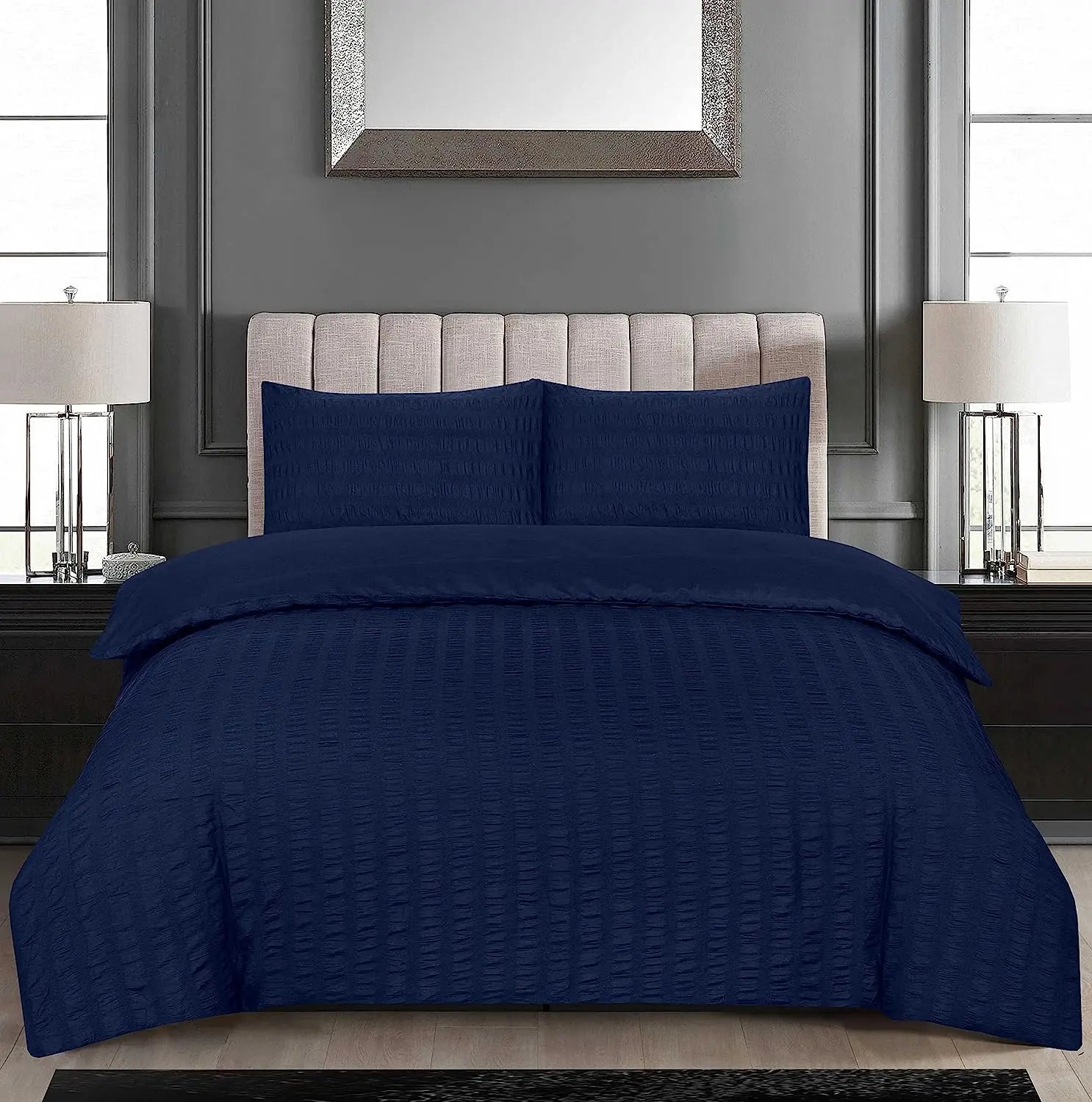 Seersucker Duvet Cover Set with Pillow Cases-Navy Blue RoyalHomeFurnishing