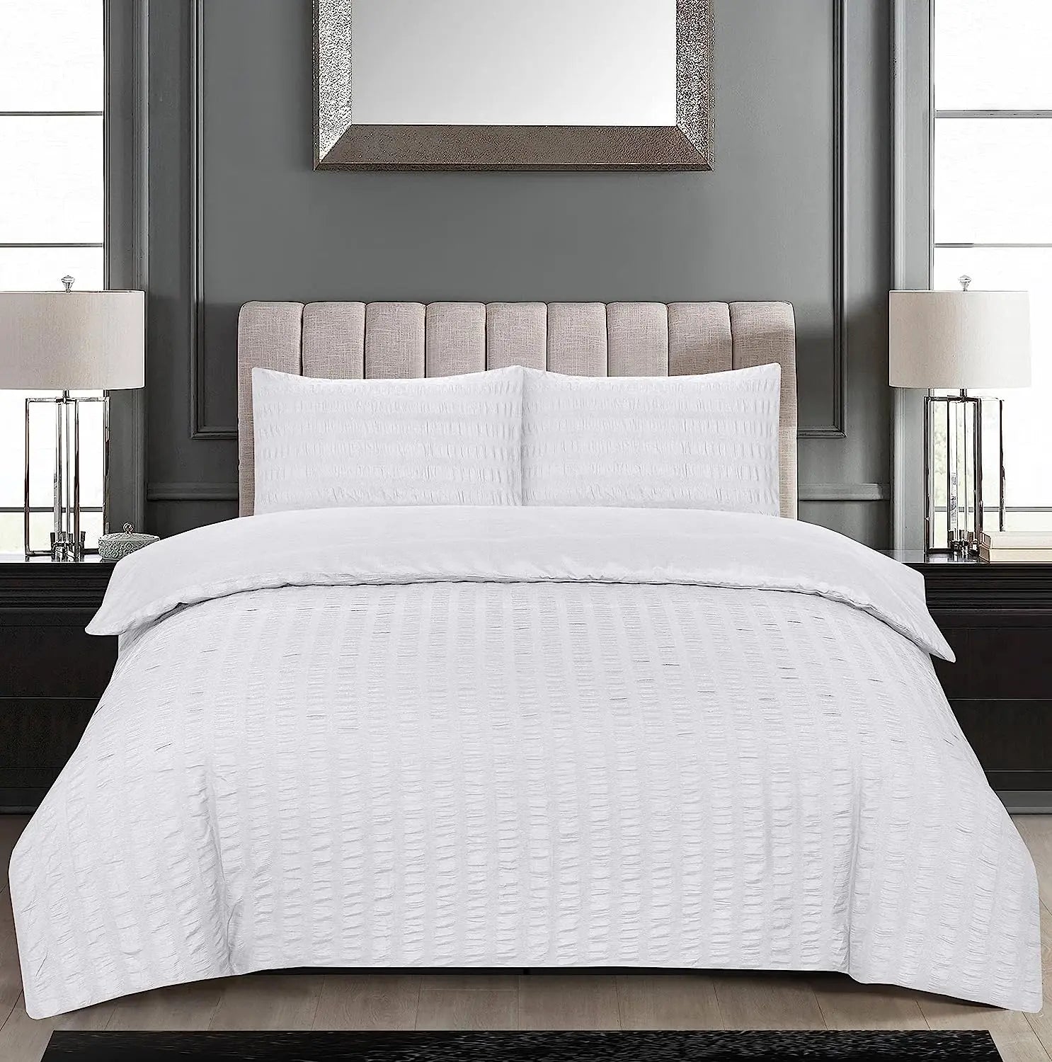 Seersucker Duvet Cover Sets with Pillow Cases-White RoyalHomeFurnishing