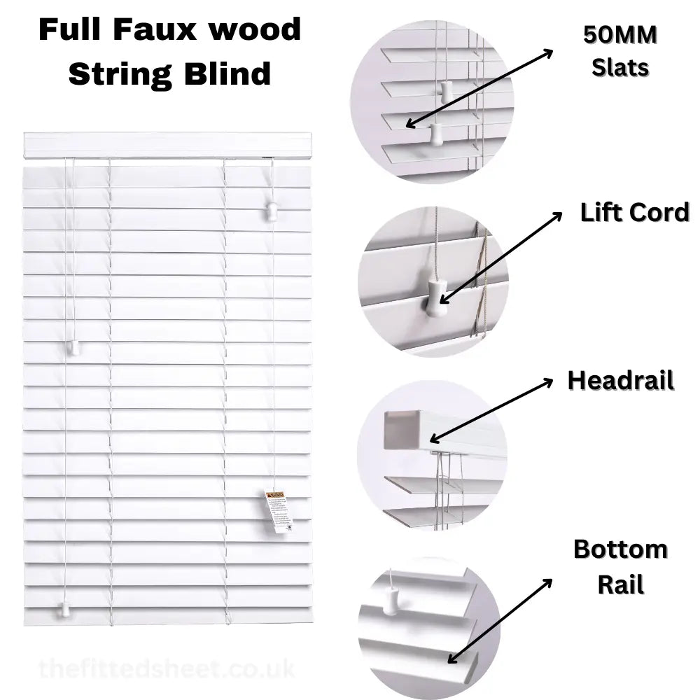 White Faux Wood String Venetian Blinds 50mm Slats Trimmable Easy Fit Office Home EV Dekor