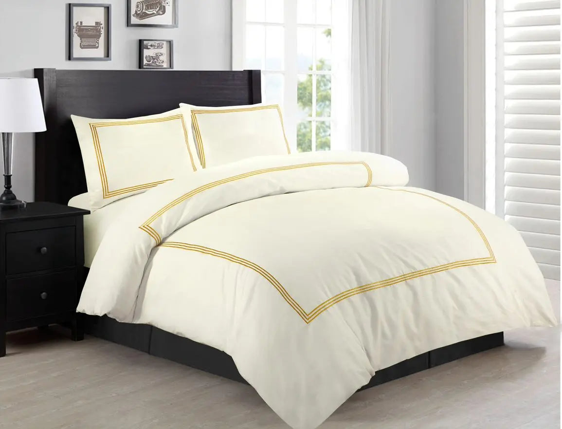 100% Microfiber Beretta Stitch Duvet Cover Set- Cream/Gold RoyalHomeFurnishing