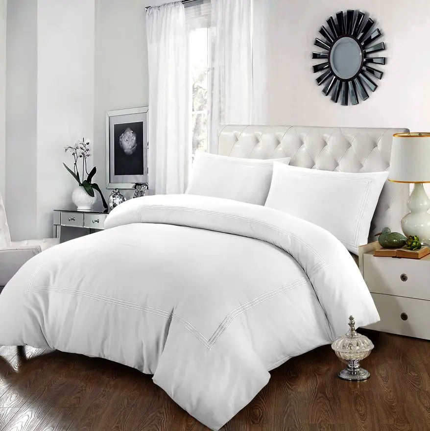 100% Polycotton Beretta Stitch Duvet Cover- White/White RoyalHomeFurnishing