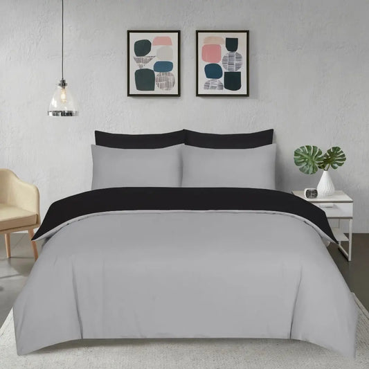 Brushed Microfiber 3 Pcs Reversible Bedding Set with Pillow Cases - Black/Grey RoyalHomeFurnishing