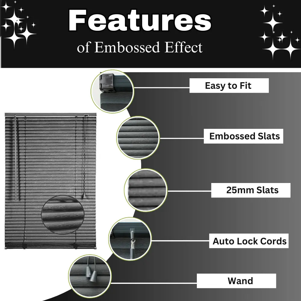 Grey  PVC Embossed effect Venetian blinds 25mm Slats Window Treatment Trimmable Easy Fit Child Safe Home office EV Dekor