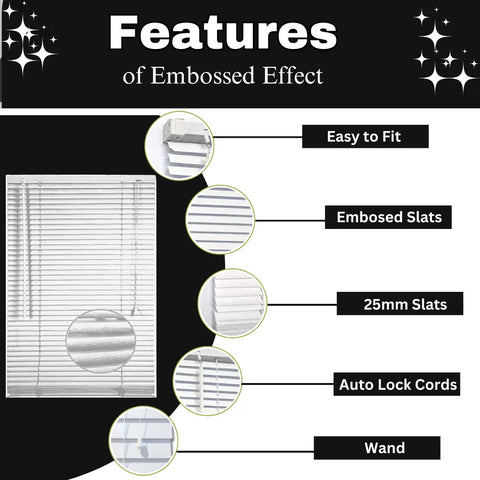 White PVC Embossed effect Venetian blinds 25mm Slats Window Treatment Trimmable Easy Fit Child EV Dekor