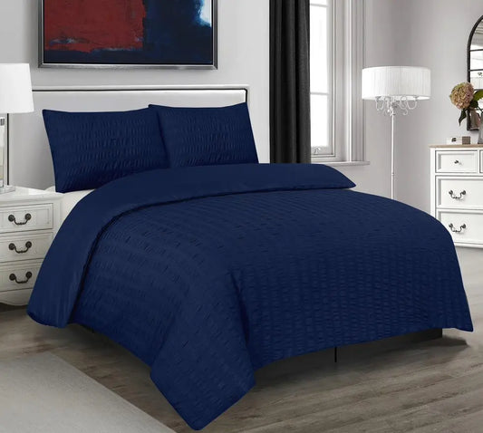 Seersucker Duvet Cover Set with Pillow Cases-Navy Blue RoyalHomeFurnishing