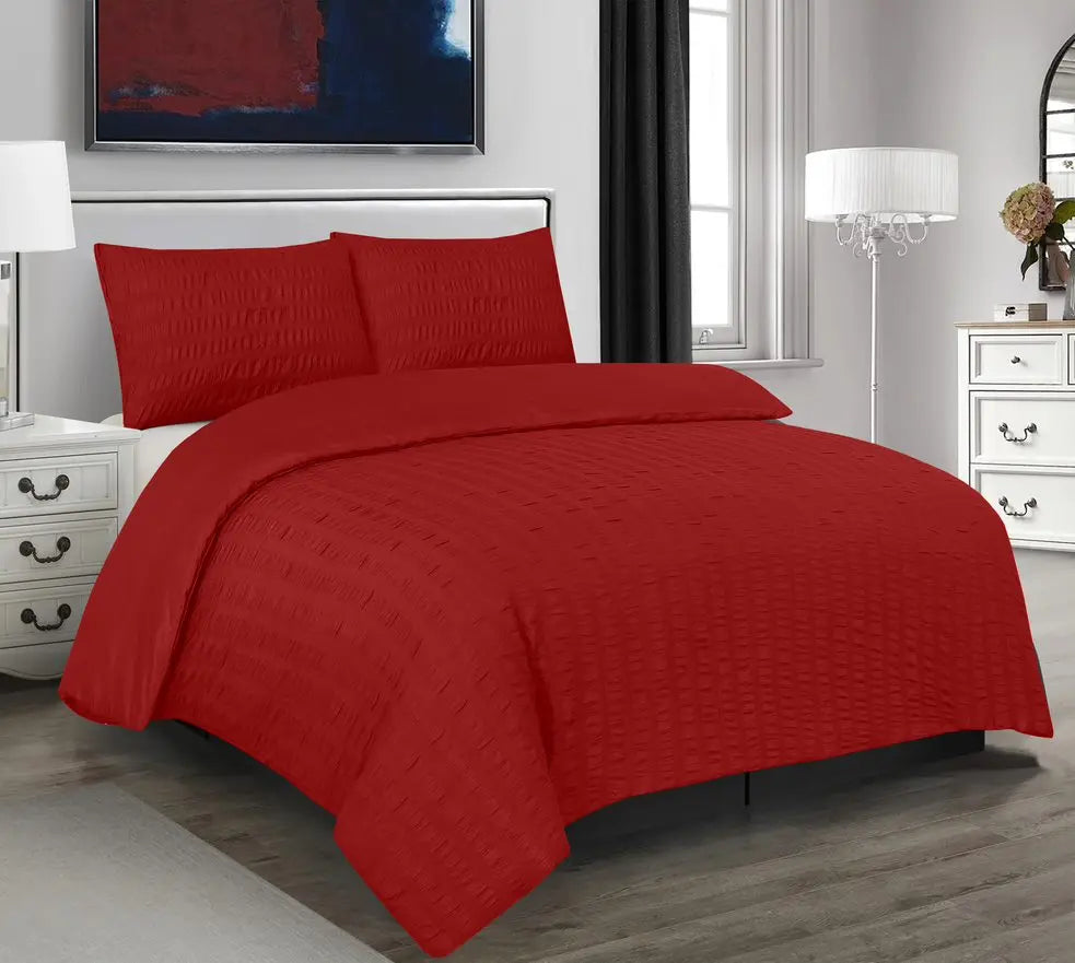 Seersucker Duvet Cover with 2 Pillow Cases-Red RoyalHomeFurnishing