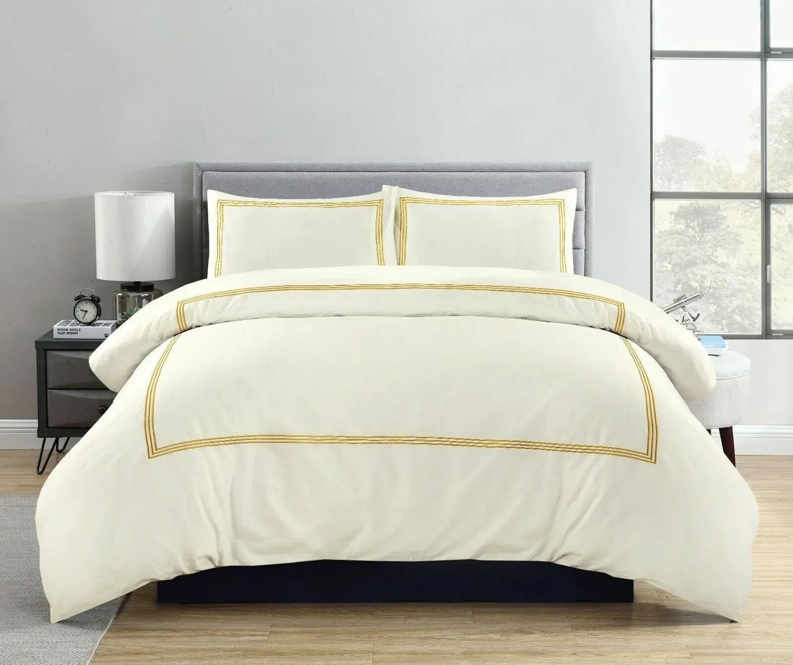 100% Microfiber Beretta Stitch Duvet Cover Set- Cream/Gold RoyalHomeFurnishing