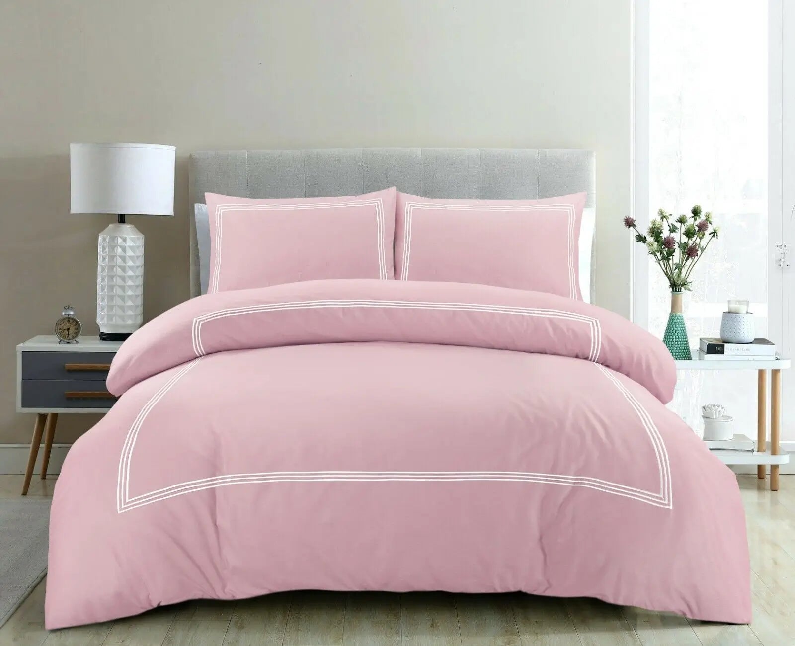 polycotton brata stithc duvet cover set pink white