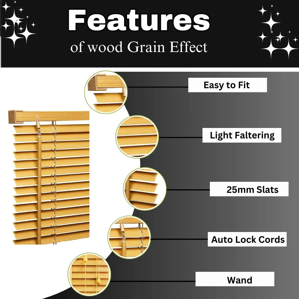 Teak  PVC  wood effect Venetian blinds 25mm Slats Window Treatment Trimmable Easy Fit Child Safe EV Dekor