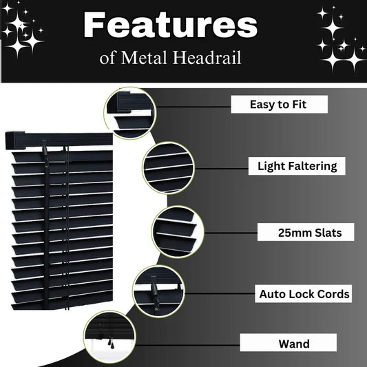 Black PVC Metal Headrail Venetian blinds 25mm Slats Window Treatment Trimmable Easy Fit Child Safe Home office EV Dekor