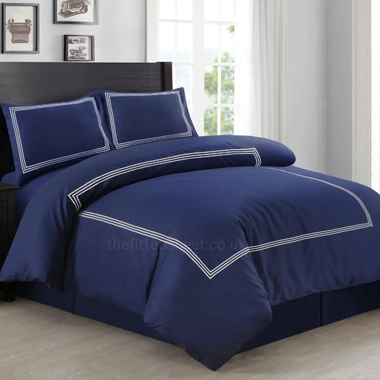 Navy & White Microfiber Beretta Duvet Cover Embroidery Border Quilt Cover Bedding Sets EV Dekor