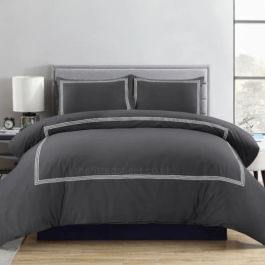 Charcoal & White Microfiber Beretta Duvet Cover Embroidery Border Quilt Cover Bedding Sets EV Dekor