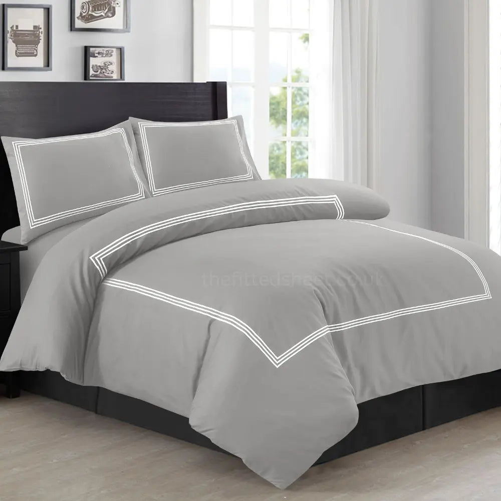 Grey & White Microfiber Beretta Duvet Cover Embroidery Border Quilt Cover Bedding Sets EV Dekor