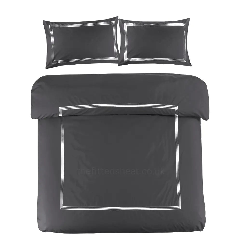 Charcoal & White Microfiber Beretta Duvet Cover Embroidery Border Quilt Cover Bedding Sets EV Dekor