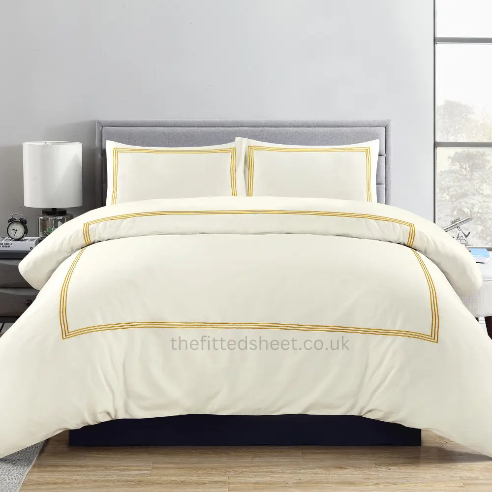 Cream & gold Microfiber Beretta Duvet Cover Embroidery Border Quilt Cover Bedding Sets EV Dekor