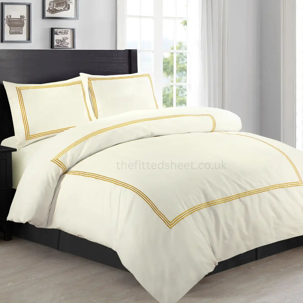 Cream & gold Microfiber Beretta Duvet Cover Embroidery Border Quilt Cover Bedding Sets EV Dekor