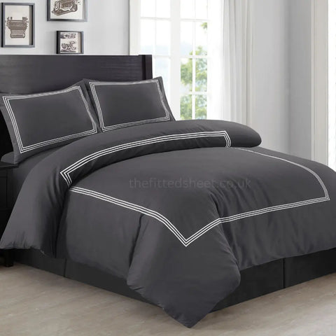 Charcoal & White Microfiber Beretta Duvet Cover Embroidery Border Quilt Cover Bedding Sets EV Dekor