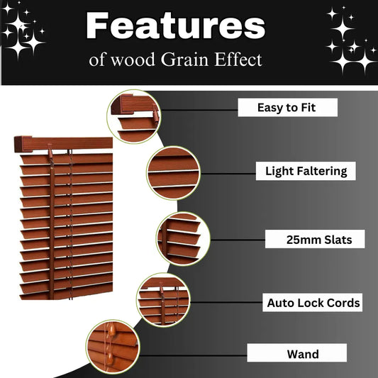 Walnut  PVC  wood effect Venetian blinds 25mm Slats Window Treatment Trimmable Easy Fit Child Safe EV Dekor