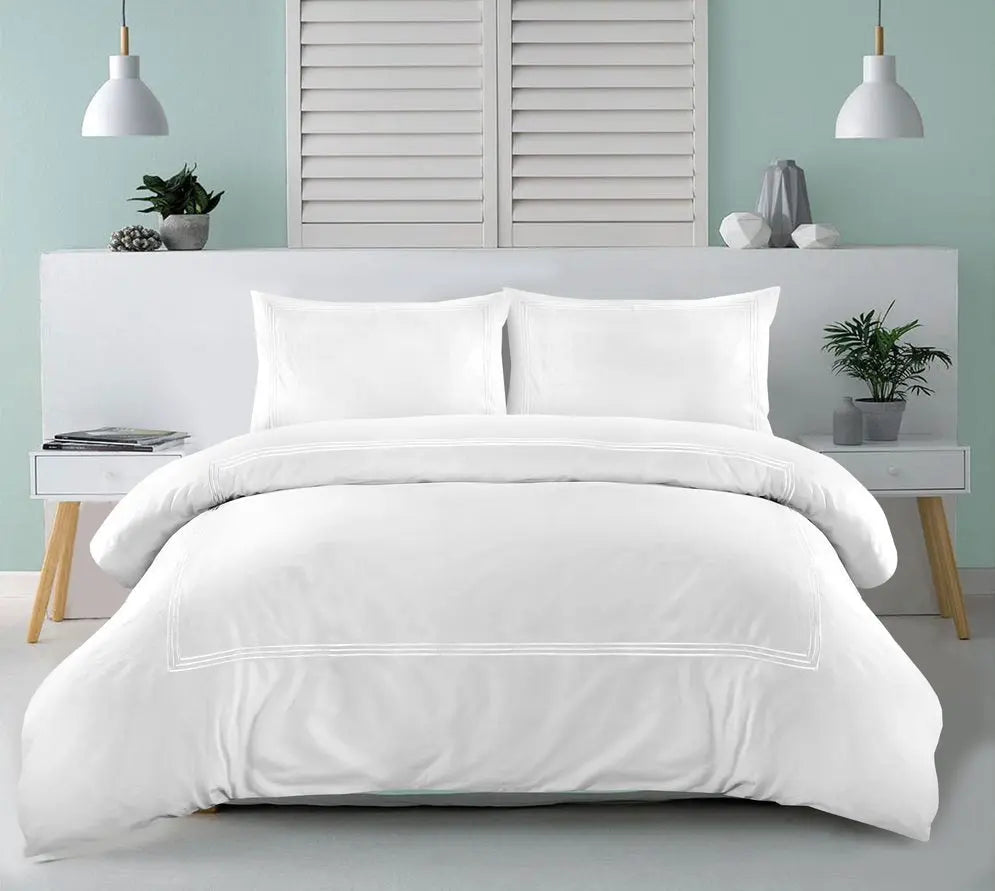 100% Polycotton Beretta Stitch Duvet Cover- White/White RoyalHomeFurnishing